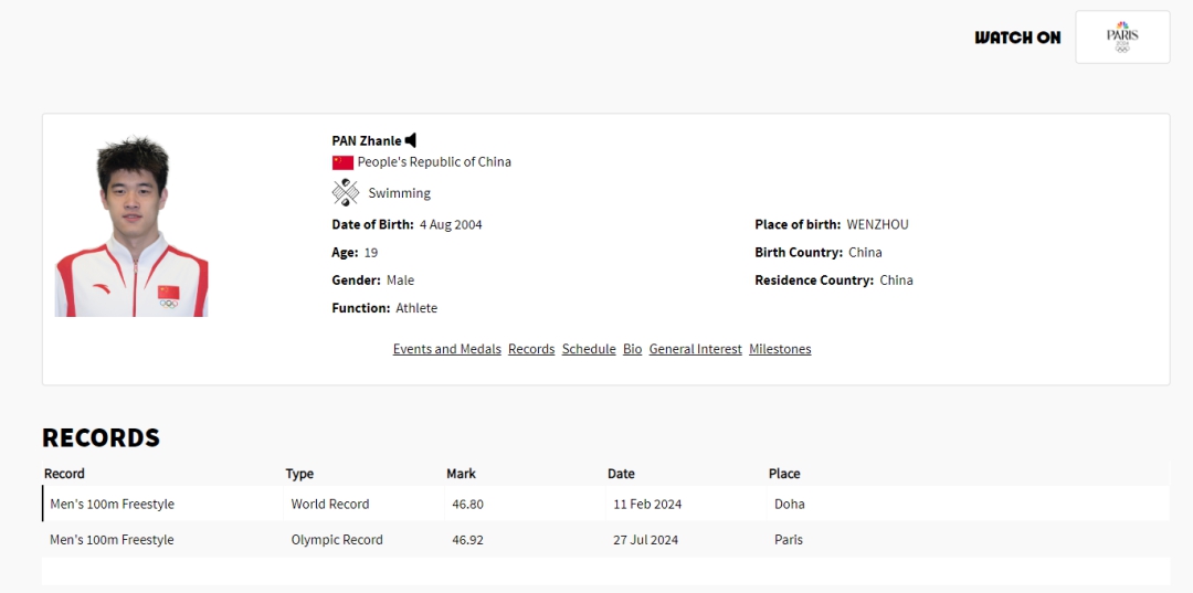 46秒92！潘展乐打破男子100米自由泳奥运会纪录，